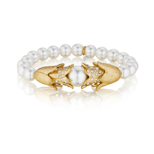 Bellflower + Pearl Stretch Bracelet on a white background