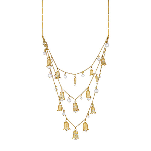 Multi-Row Bellflower + Pearl Necklace on a white background