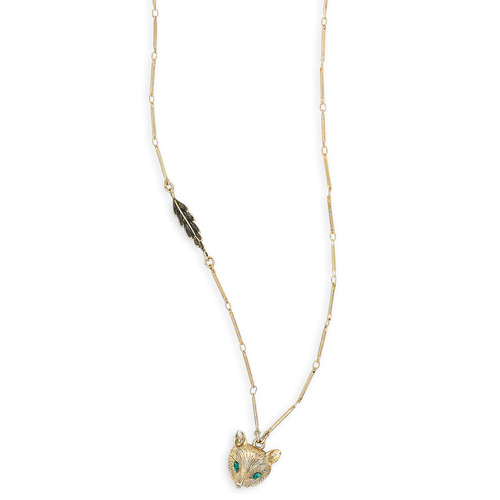 Fox + Feather Long Pendant Necklace on a white background