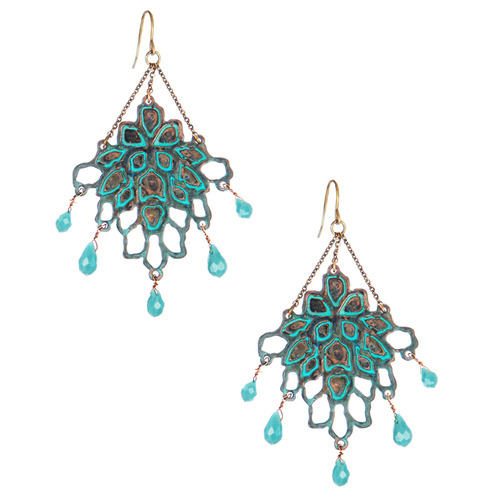 Open Work Patina Chandelier Earrings on a white background
