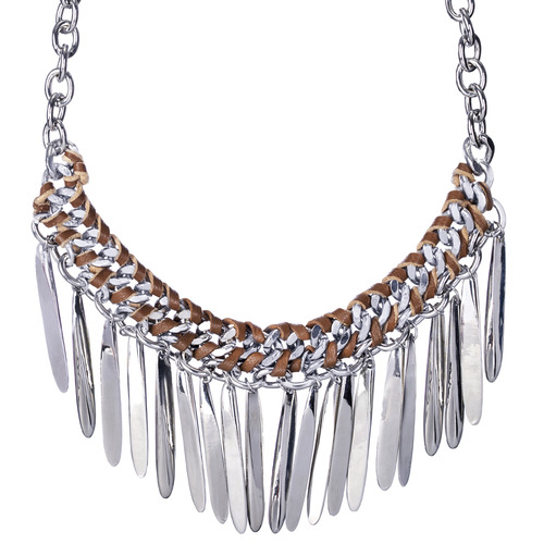 Woven Leather Stick Fringe Bib Necklace on a white background